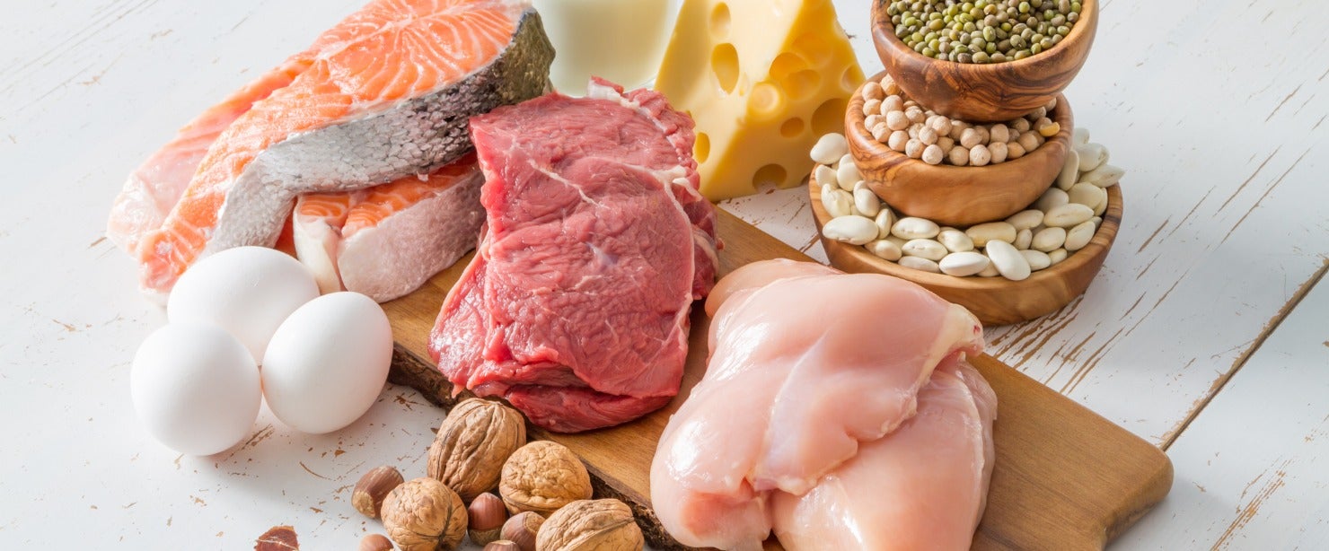 foods high in protein on wooden background