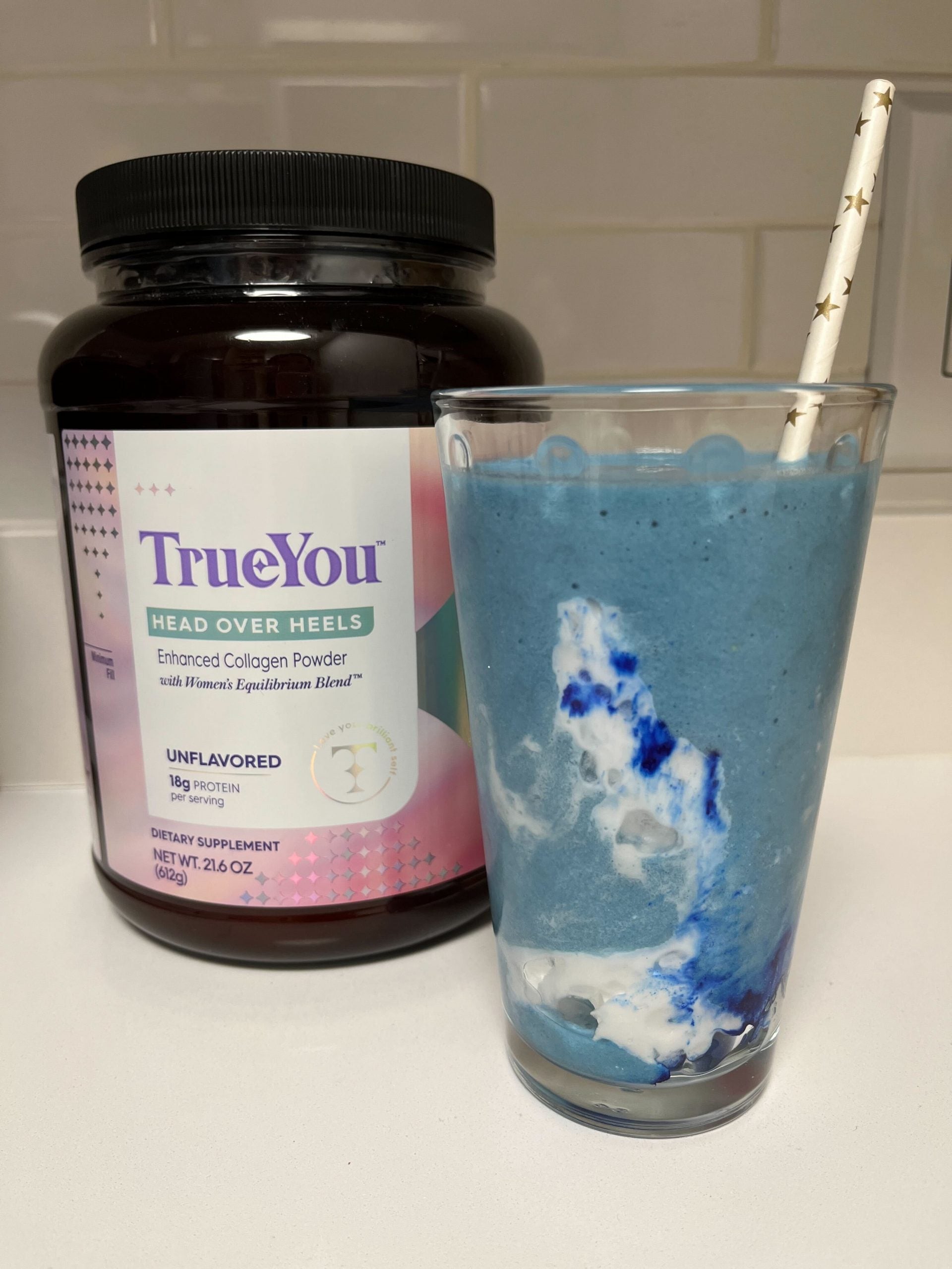 TrueYou Enhanced Collagen Powder with blue smoothie